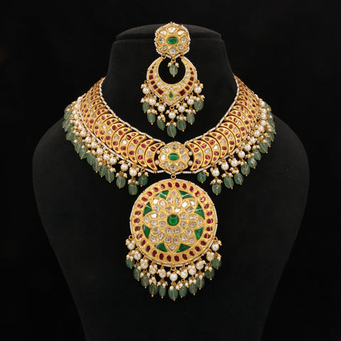 Syndicate Polki Diamond & Emerald-Ruby Glass Filled Necklace Set