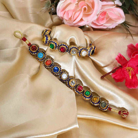 Traditional Gold Navratna Ponchi Bracelet Pair