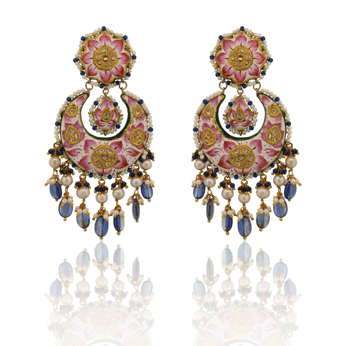 Hand-Painted Pink Lotus Polki & Tanzanite Chandbalis