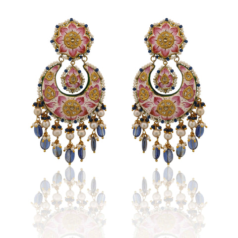 Hand-Painted Pink Lotus Polki & Tanzanite Chandbalis