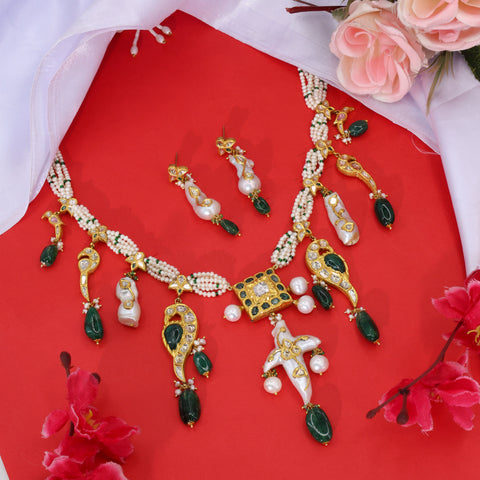 Royal Pearl & Polki Suite: Hand-Strung Necklace with Emerald Glass-Filled Drops