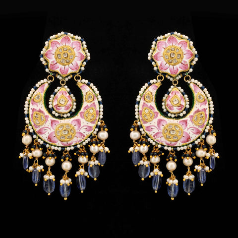 Hand-Painted Pink Lotus Polki & Tanzanite Chandbalis