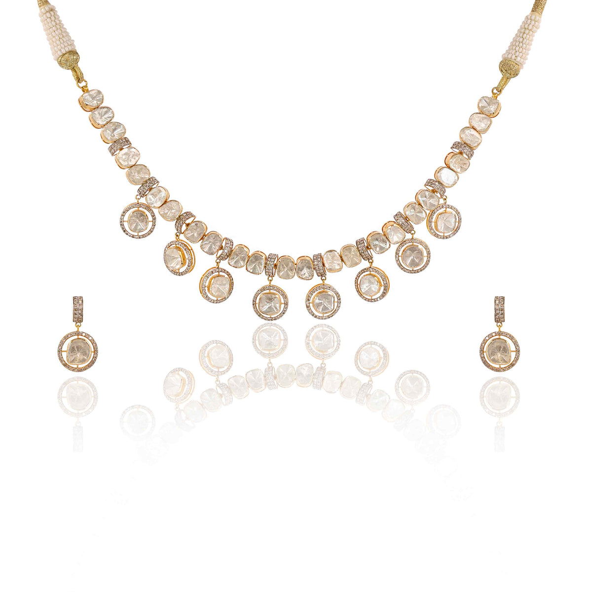 Bridal Polki Diamond Open Setting Gold Necklace Set
