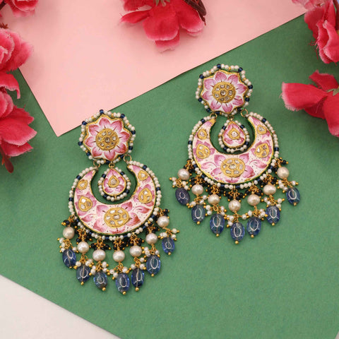Hand-Painted Pink Lotus Polki & Tanzanite Chandbalis