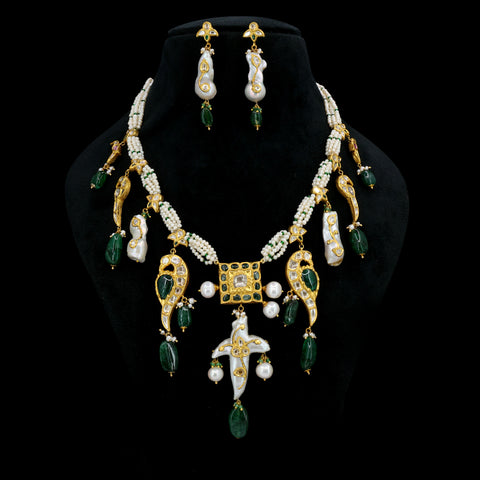Royal Pearl & Polki Suite: Hand-Strung Necklace with Emerald Glass-Filled Drops