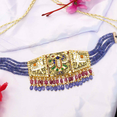 Shreenath Ji Polki Diamond Gold Choker Necklace with Tanzanite and Ruby Bead Strings