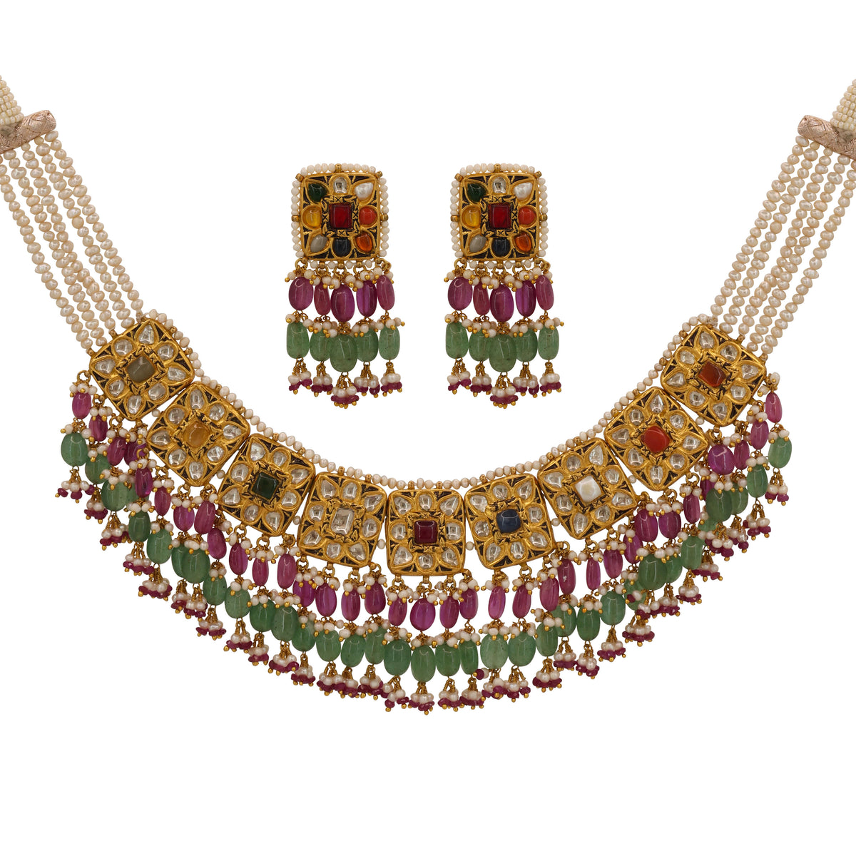 Royal Gold Navratna & Polki Diamond Necklace Set with Emerald & Ruby Beads