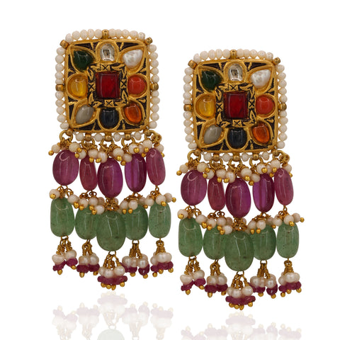 Royal Gold Navratna & Polki Diamond Necklace Set with Emerald & Ruby Beads