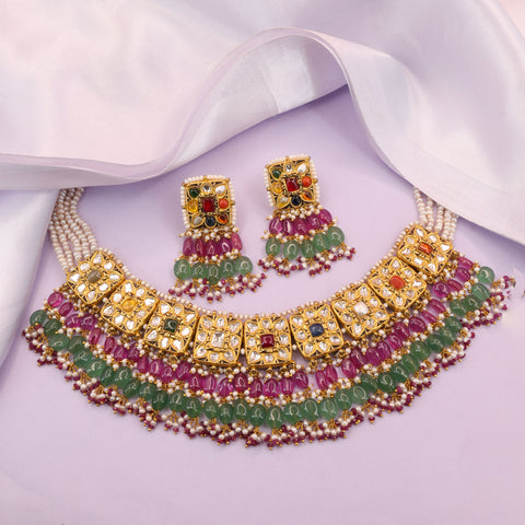 Royal Gold Navratna & Polki Diamond Necklace Set with Emerald & Ruby Beads