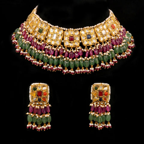 Royal Gold Navratna & Polki Diamond Necklace Set with Emerald & Ruby Beads