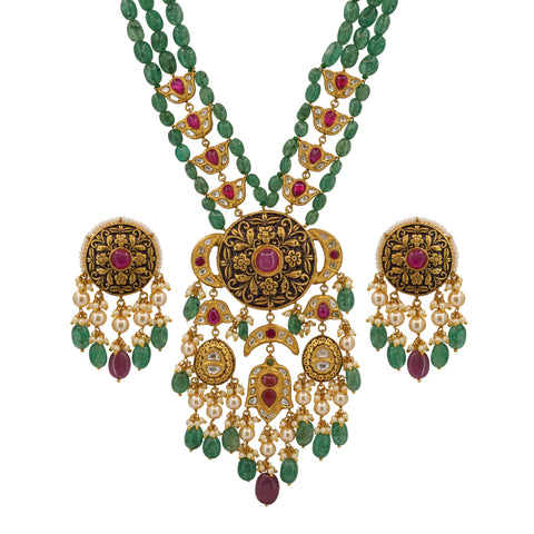 Gold Syndicate Polki & Red Stone Emerald Bead Set