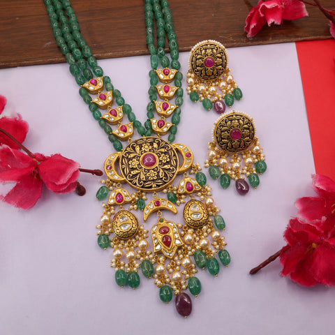 Gold Syndicate Polki & Red Stone Emerald Bead Set