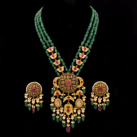 Gold Syndicate Polki & Red Stone Emerald Bead Set