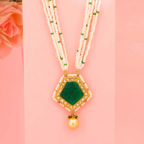 Gold & Polki Necklace with Carved Emerald and Pearl Drops Pendant