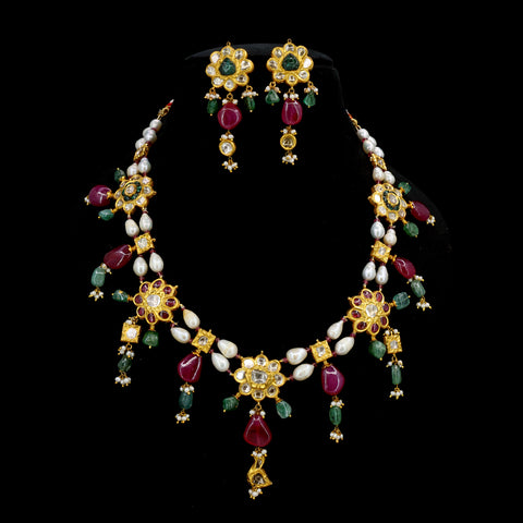 Traditional Gold Polki & Stringed Pearl Set with Ruby & Emerald Drops