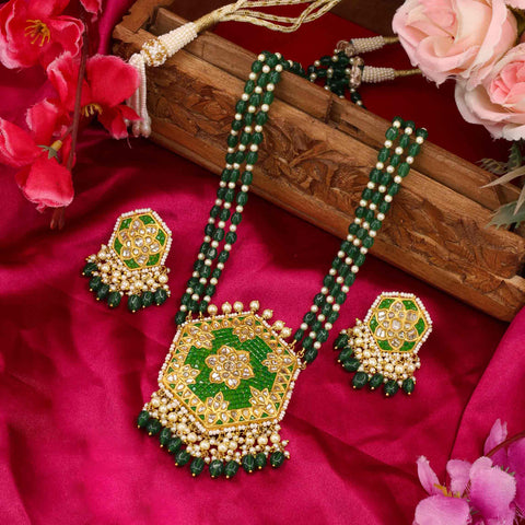 Polki & Green Gemstone Long Pendant Set