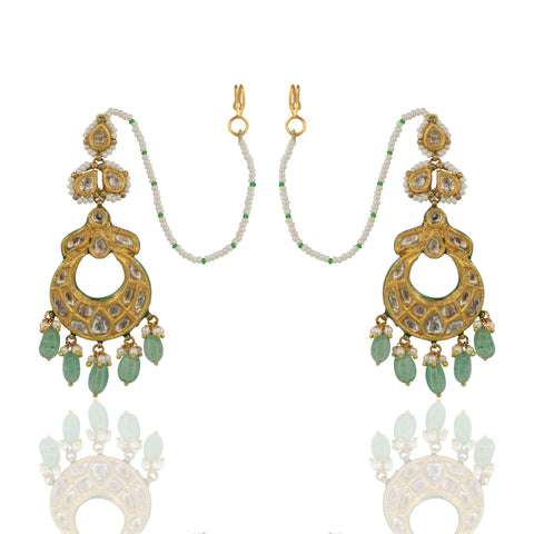 Polki & Emerald Chandbaali with Saahara Chains Earring