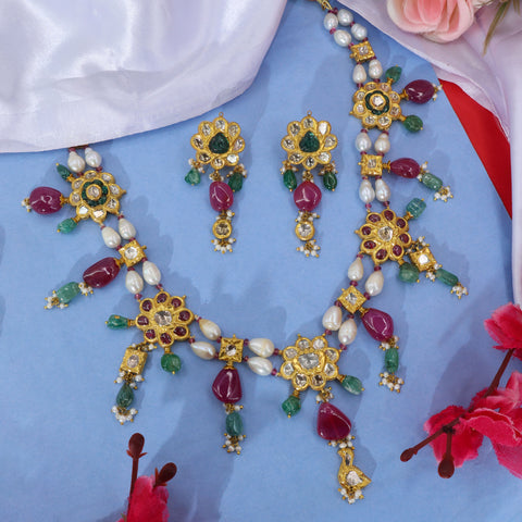 Traditional Gold Polki & Stringed Pearl Set with Ruby & Emerald Drops