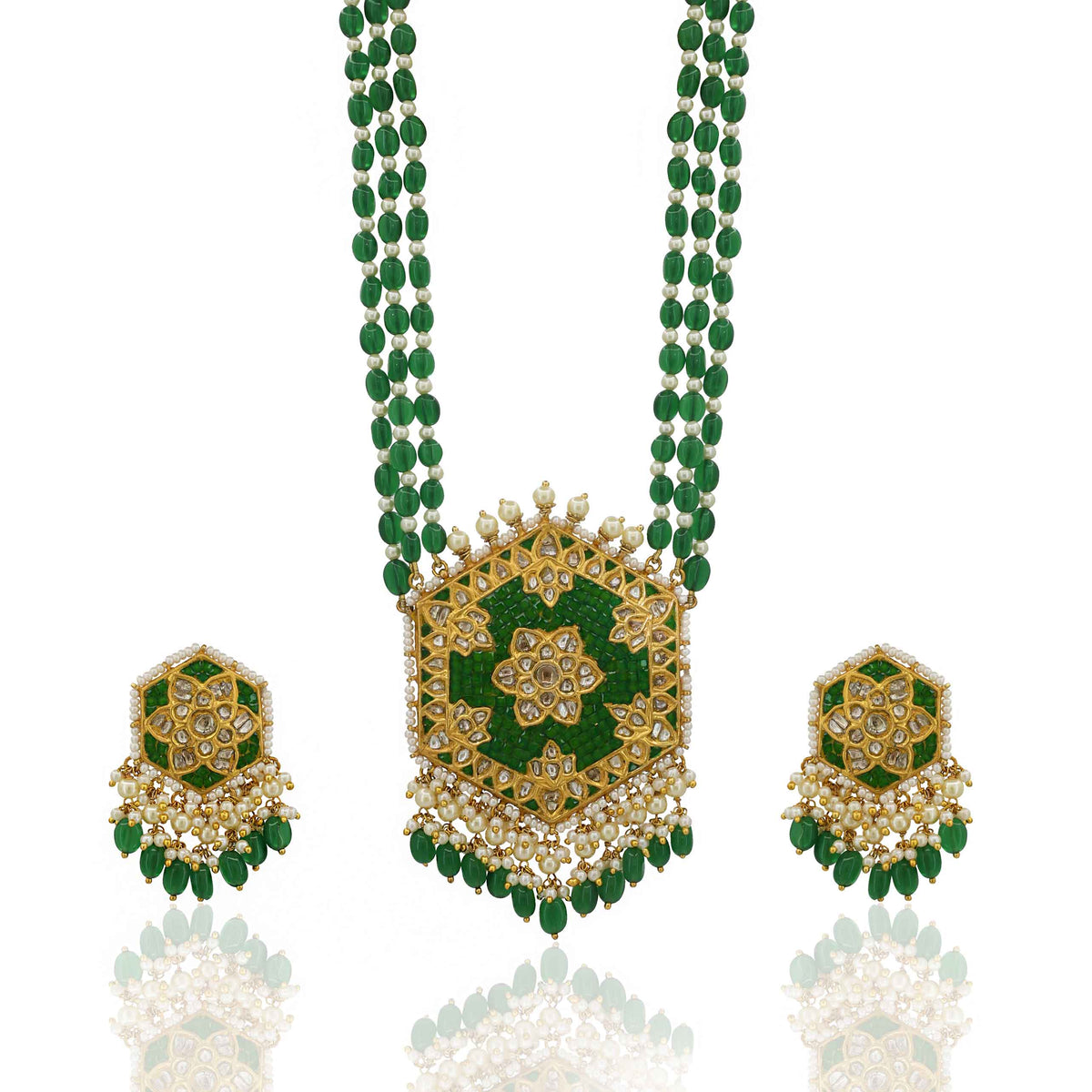 Polki & Green Gemstone Long Pendant Set