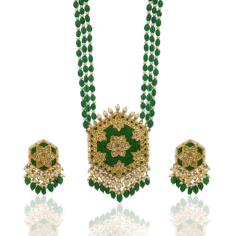 Polki & Green Gemstone Long Pendant Set
