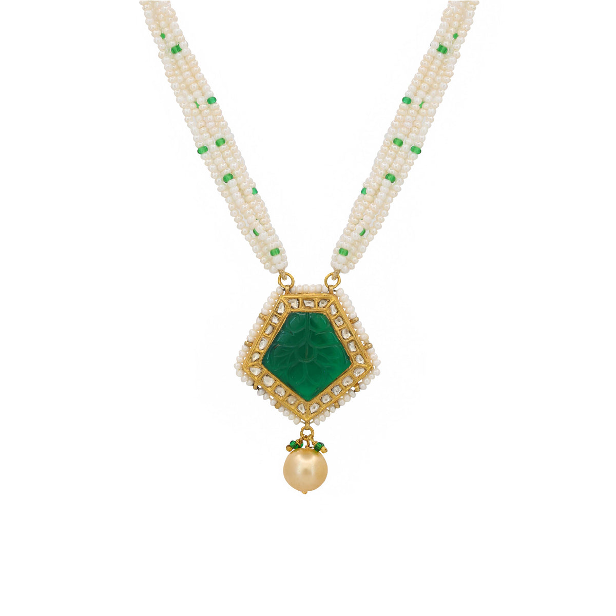 Gold & Polki Necklace with Carved Emerald and Pearl Drops Pendant