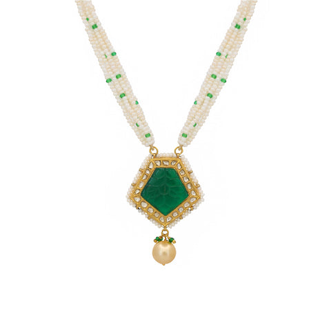 Gold & Polki Necklace with Carved Emerald and Pearl Drops Pendant