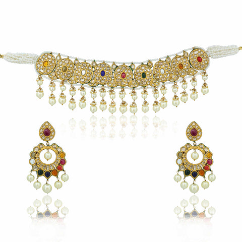 Padmamukhi Navratna Gold Chocker Necklace Set
