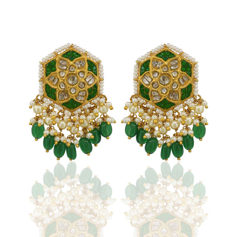 Polki & Green Gemstone Long Pendant Set