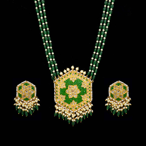 Polki & Green Gemstone Long Pendant Set