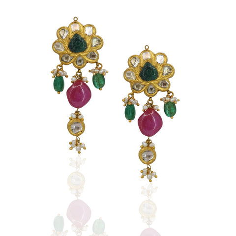 Traditional Gold Polki & Stringed Pearl Set with Ruby & Emerald Drops