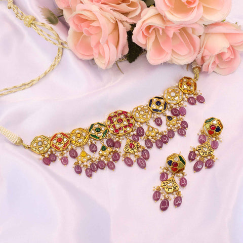 The Royal Rainbow Multi-Color Polki and Bead Choker Set