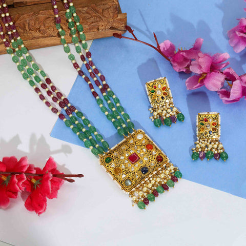“Regal Heritage Navratna Gold & Polki Pendant Set”