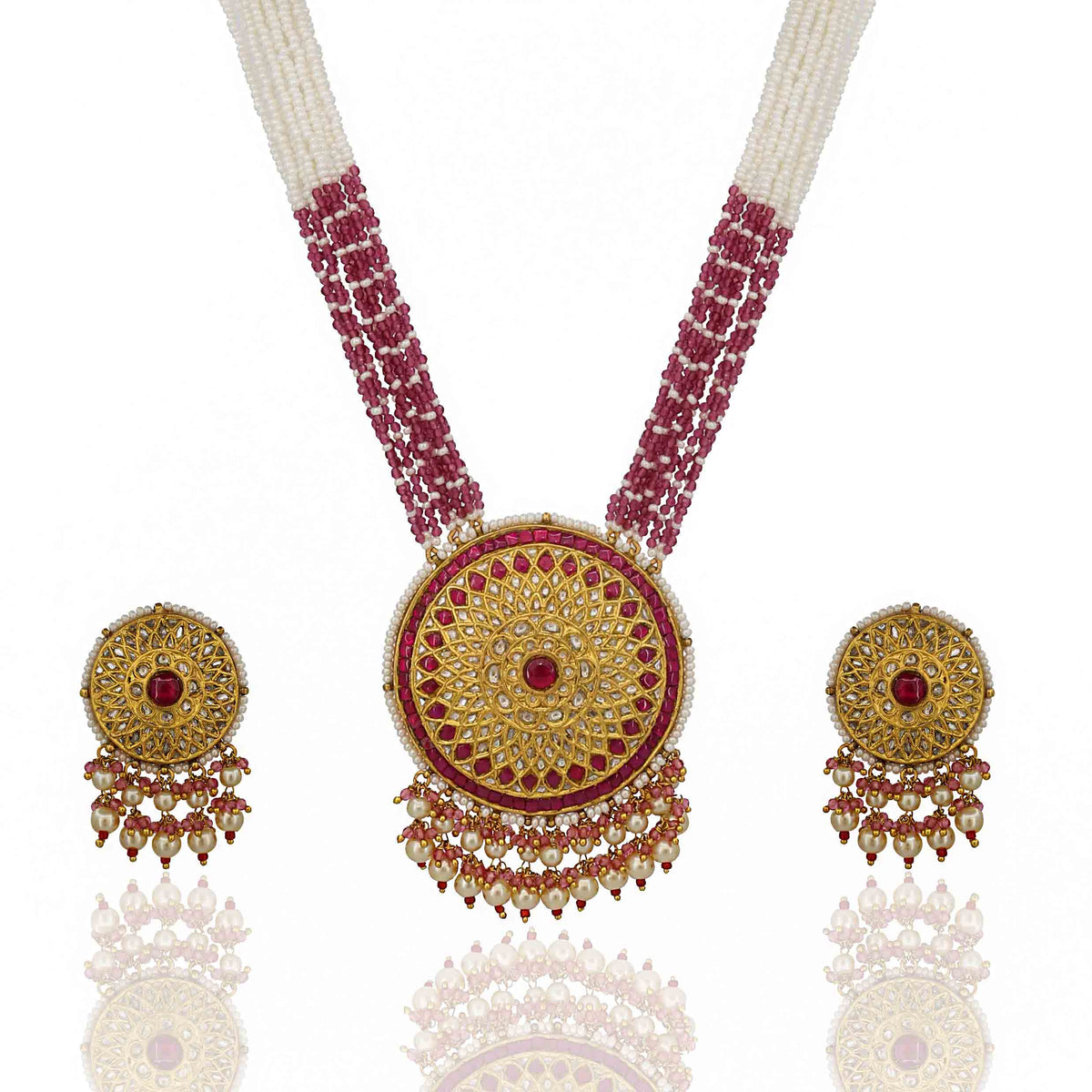 Gold Chakri Polki & Ruby Glass Filling Pendant Set