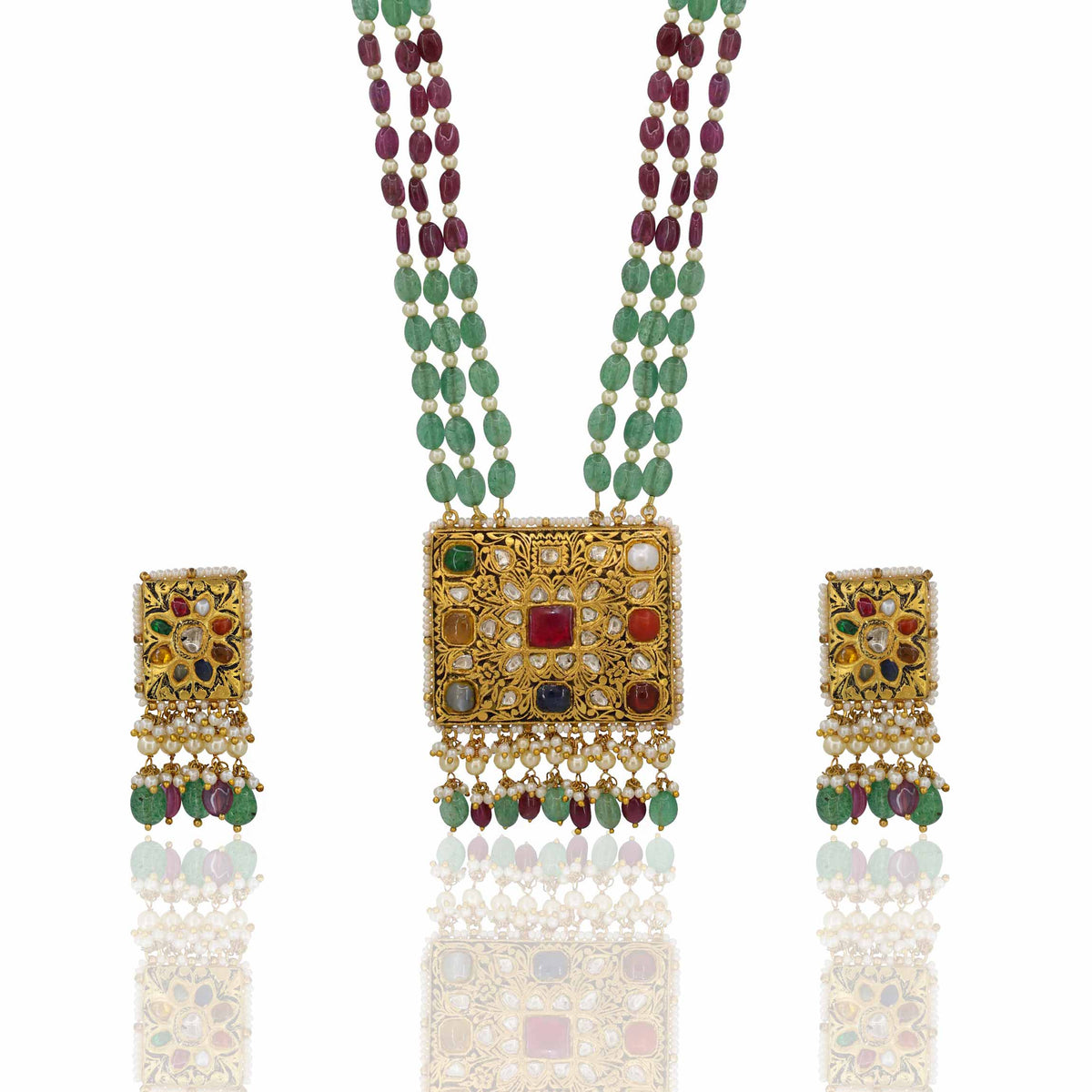 “Regal Heritage Navratna Gold & Polki Pendant Set”
