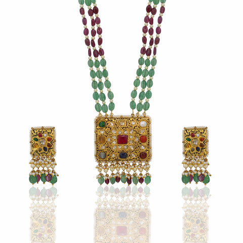 “Regal Heritage Navratna Gold & Polki Pendant Set”