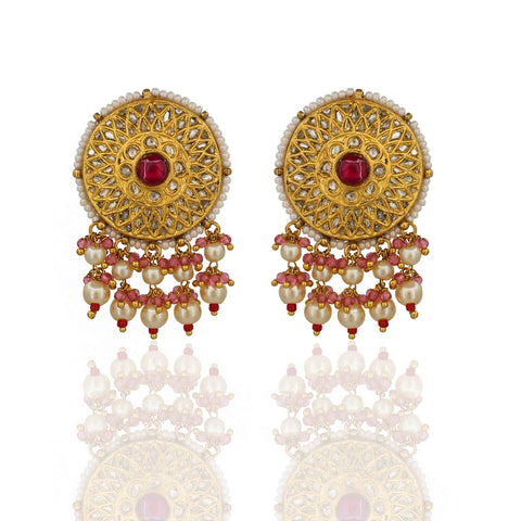 Gold Chakri Polki & Ruby Glass Filling Pendant Set