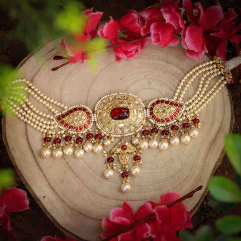 22KT Gold Syndicate Polki & Ruby Choker with Natural Pearl Strings