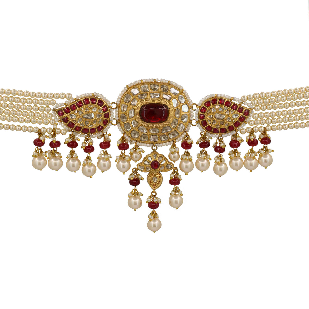 22KT Gold Syndicate Polki & Ruby Choker with Natural Pearl Strings