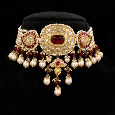 22KT Gold Syndicate Polki & Ruby Choker with Natural Pearl Strings
