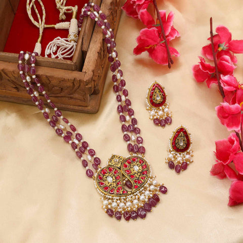 Polki Diamond & Ruby Glass Filling Stringed Pearl Pendant Set