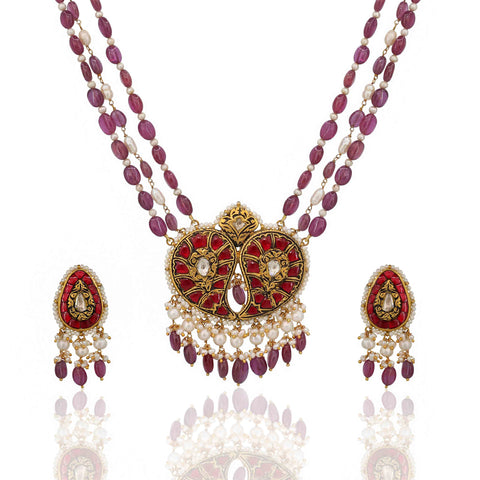Polki Diamond & Ruby Glass Filling Stringed Pearl Pendant Set