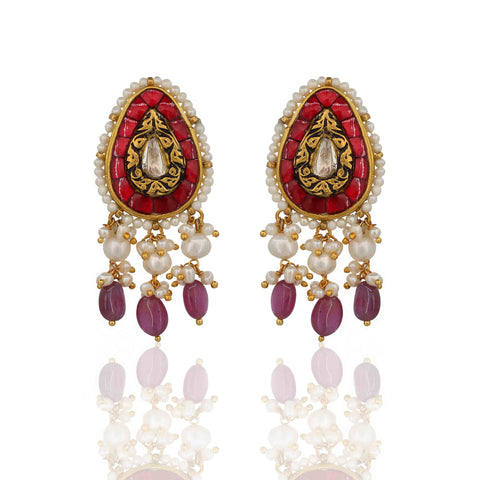 Polki Diamond & Ruby Glass Filling Stringed Pearl Pendant Set