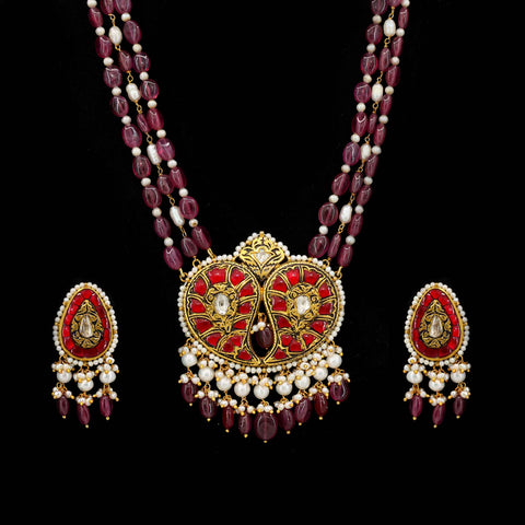 Polki Diamond & Ruby Glass Filling Stringed Pearl Pendant Set