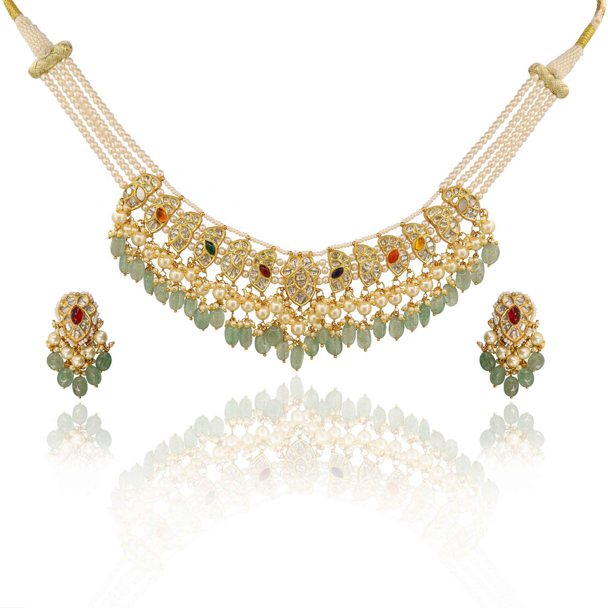 Traditional Navratna Polki Diamond Necklace  Set