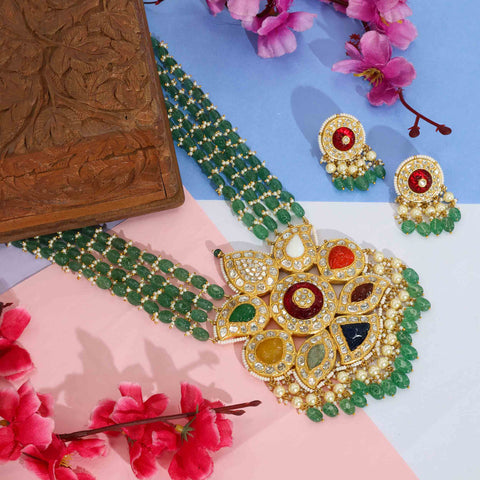 Heritage Bloom Gold Navratna Polki Pendant Set