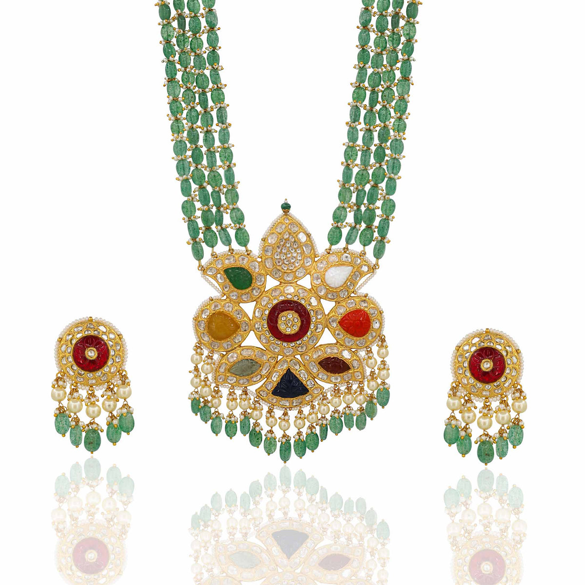 Heritage Bloom Gold Navratna Polki Pendant Set