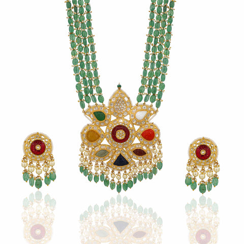 Heritage Bloom Gold Navratna Polki Pendant Set