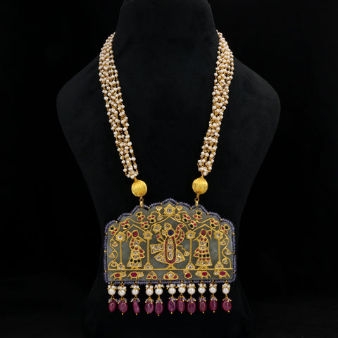 Shreenathji Heritage Thakti Pendant in Gold with Syndicate Polki, Tanzanite, and Pearls