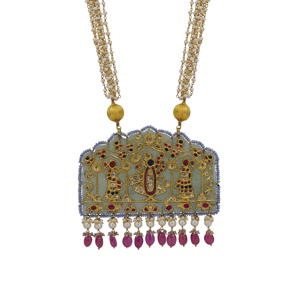 Shreenathji Heritage Thakti Pendant in Gold with Syndicate Polki, Tanzanite, and Pearls