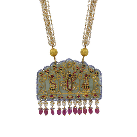 Shreenathji Heritage Thakti Pendant in Gold with Syndicate Polki, Tanzanite, and Pearls